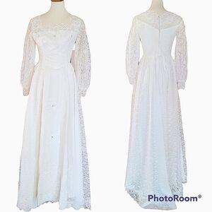 1960's Union Label‎ White Lace Pink Rosettes Dull Satin Underlay Wedding Dress